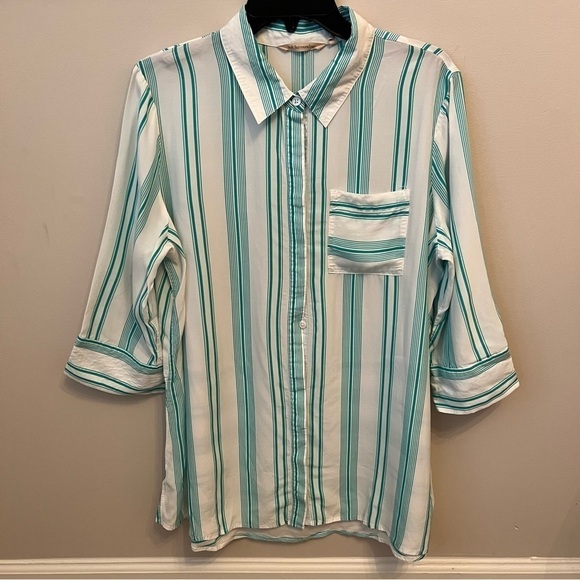 Soft Surroundings Ladson Button Up Top Green Stripe Coastal Lightweight Sz L - Picture 2 of 9